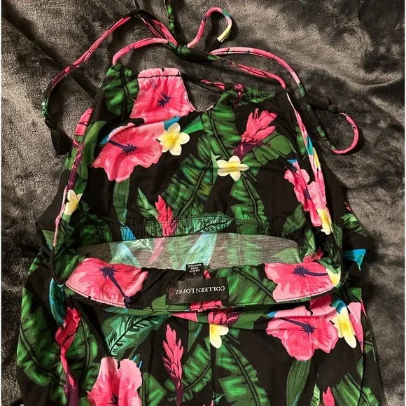 Colleen Lopez Halter Dress Vibrant Hibiscus Rayon Spandex Knee Length Large - Picture 11 of 13